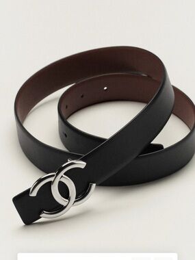 CHANEL Black Leather Belt with Silver CC Logo
